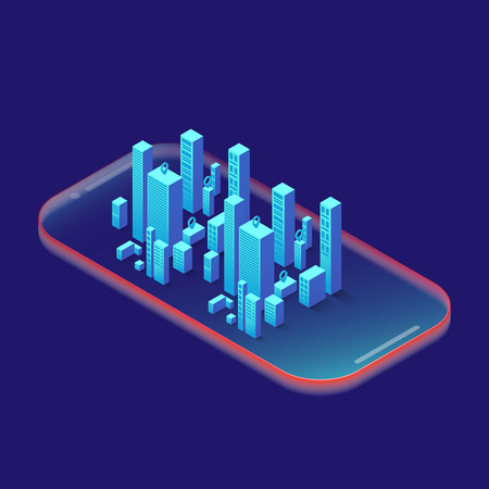 Smartphone with graphs in isometric design style on colored background. Graphic concept for your design.のイラスト素材