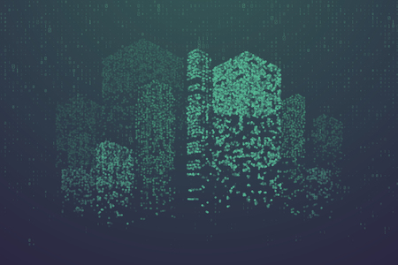 Glowing particles in form of futuristic city skyline. Futuristic dots pattern, abstract binary code  illustrationのイラスト素材