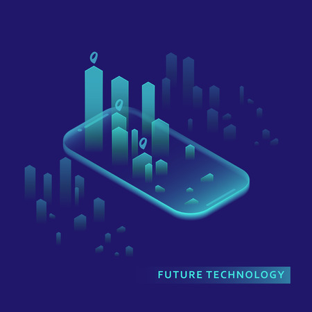 Smartphone with graphs in isometric design style on colored background. Graphic concept for your design.のイラスト素材