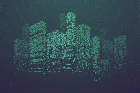 Glowing particles in form of futuristic city skyline. Futuristic dots pattern, abstract binary code  illustrationのイラスト素材