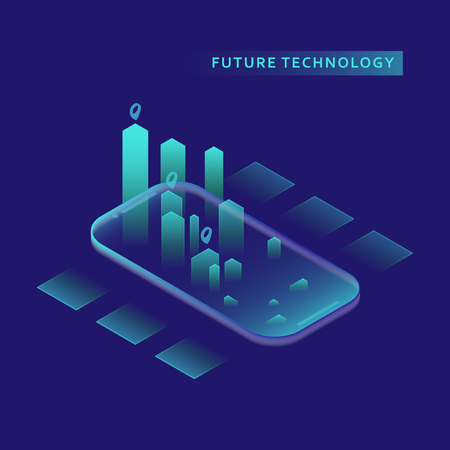Smartphone with graphs in isometric design style on colored background. Graphic concept for your design.のイラスト素材