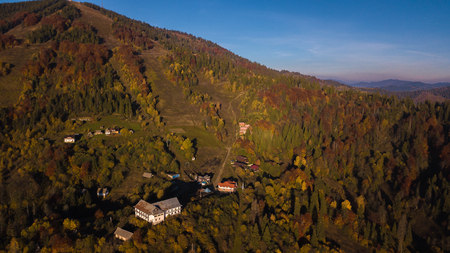 Carpathian Mountines with blue sky panoramic wiew, Ukraine.の写真素材