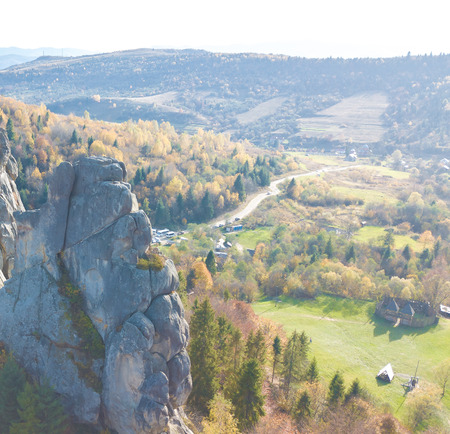 Forest Mountines with rocks landscape. Autumn colours. Aerial view from a drone. Ukraine.の写真素材