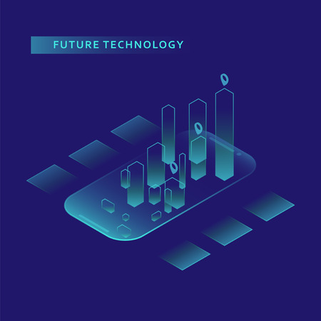 Smartphone with graphs in isometric design style on colored background. Graphic concept for your design.のイラスト素材
