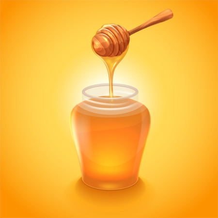 Glass jar of honey with wooden honey dipper. Graphic concept for your designのイラスト素材