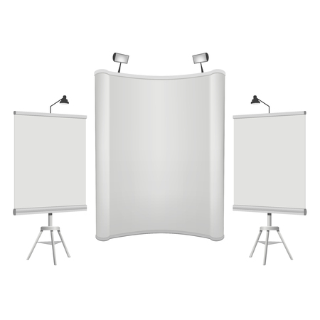 Banner stand group, pop up expo. Illustrations isolated on white background. Graphic concept for your designのイラスト素材