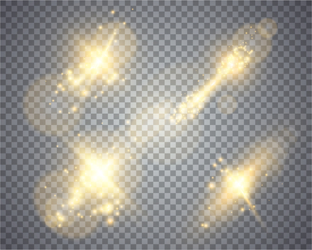 Set of golden glowing lights effects isolated on transparent background, abstract magic Illustrationの写真素材