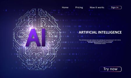 Artificial Intelligence landing page for a website. Artificial intelligence and machine learning concept. Digital computer code. Data transfer concepts in internet.のイラスト素材