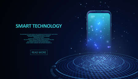 Smartphone with digital screen hologram. Composition smart object and smart technology design. Graphic concept for your design.のイラスト素材