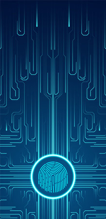 Cyber security by dint of fingerprint scanning. Abstract Technology background. Circuit board illustration. Graphic concept for your design.のイラスト素材