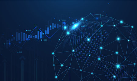 Abstract infographic visualization. Financial chart with uptrend line graphs and candlesticks. Futuristic network or business analytics. Graphic concept for your design.のイラスト素材