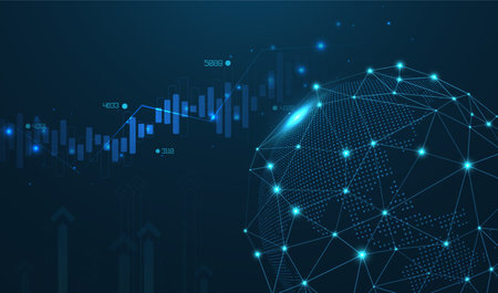 Abstract infographic visualization. Financial chart with uptrend line graphs and candlesticks. Futuristic network or business analytics. Graphic concept for your design.のイラスト素材