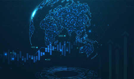Abstract infographic visualization. Financial chart with uptrend line graphs and candlesticks. Futuristic network or business analytics. Graphic concept for your design.のイラスト素材