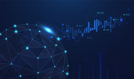 Abstract infographic visualization. Financial chart with uptrend line graphs and candlesticks. Futuristic network or business analytics. Graphic concept for your design.のイラスト素材