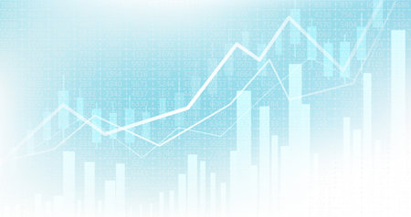 Abstract infographic visualization. Financial chart with uptrend line graphs and candlesticks. Futuristic network or business analytics. Graphic concept for your design.のイラスト素材
