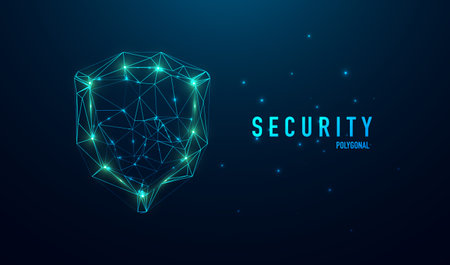 Security shield symbol illustration. Glittering star dust lights. Polygonal futuristic style. Graphic concept for your designのイラスト素材