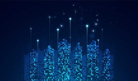 Abstract cityscape with bright glowing lights. Graphic concept for your design.のイラスト素材