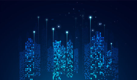 Abstract cityscape with bright glowing lights. Graphic concept for your design.のイラスト素材