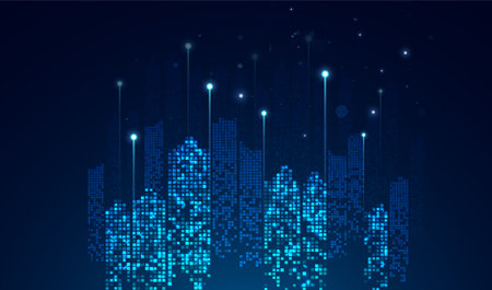 Abstract cityscape with bright glowing lights. Graphic concept for your design.のイラスト素材