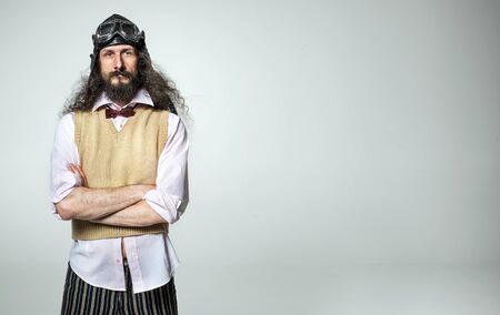 Portraif of a nerdy man wearing aerial gogglesの写真素材