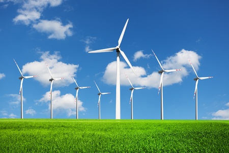 Wind Turbines on green fieldの写真素材