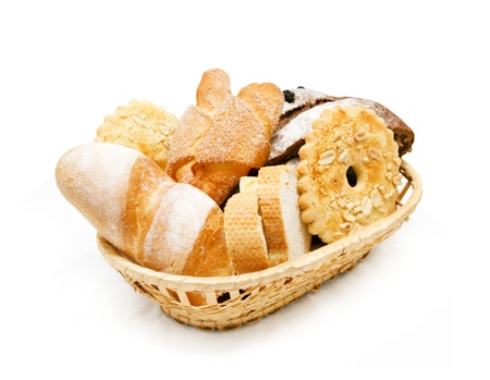 Basket of various fresh baked breadの写真素材