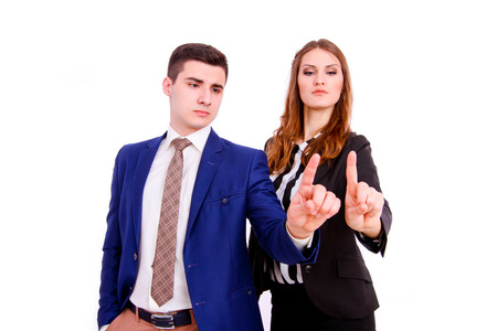 business people  touching virtual screen over white background の写真素材