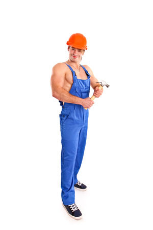 Portrait of sexy mechanic on a white backgroundの写真素材