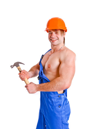 Portrait of sexy mechanic on a white backgroundの写真素材