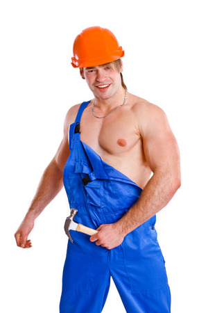 Portrait of sexy mechanic on white background isolatedの写真素材