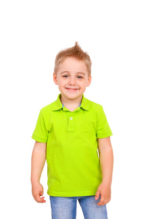 Portrait of happy little boy over white background isolatedの写真素材