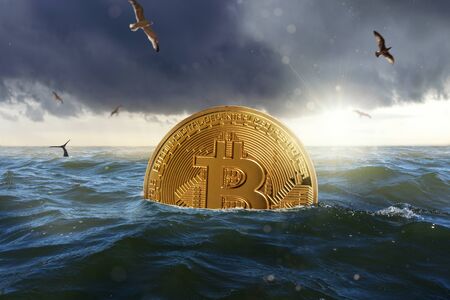 Golden Bitcoin coin swimming in the seaの写真素材