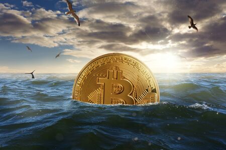 Golden Bitcoin coin swimming in the seaの写真素材