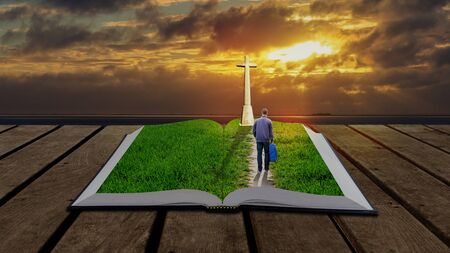Man walking on Bibleの写真素材