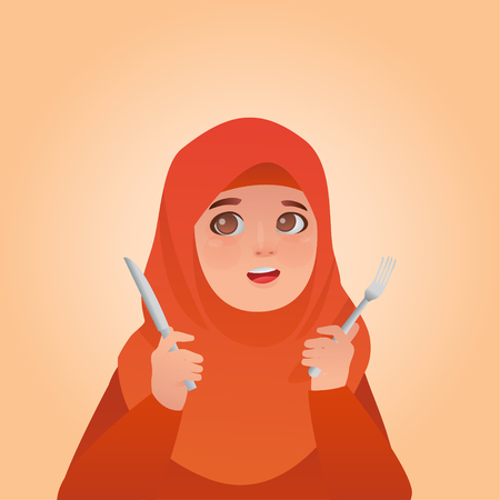 Waiting Food to Come, Hungry Expression Girl Cartoon Potrait Vectorのイラスト素材