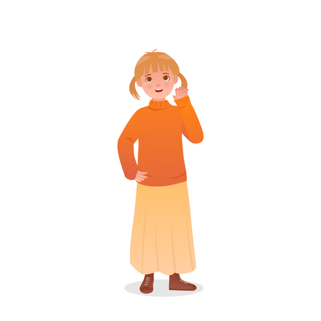 Illustration Character Design Little Girl Posing Say Hi, Vector Cute Cartoonのイラスト素材