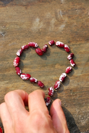 Heart of red white beans on woodの写真素材