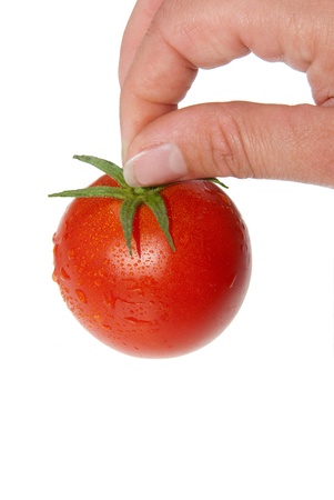 Woman showing tomatoes from organic farming with water drops.の写真素材