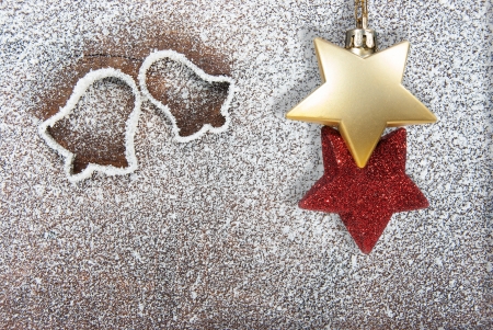 Christmas decorations photographed on a snowy .の写真素材