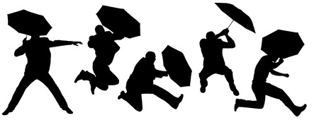 Vector silhouette of a man with an umbrella on a white background.のイラスト素材