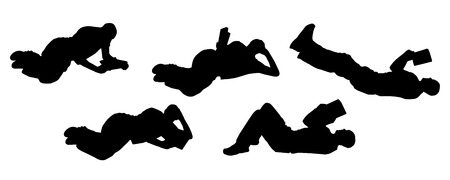 vector silhouette of a man on Various Positions and readingのイラスト素材