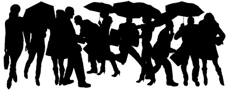 Vector silhouette of group of people with umbrellas.のイラスト素材