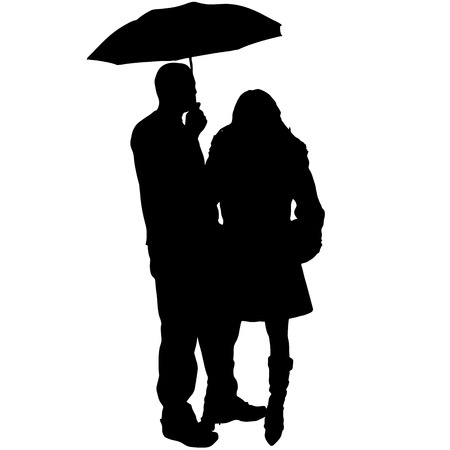 Vector silhouette of couple with umbrellas on white background.のイラスト素材