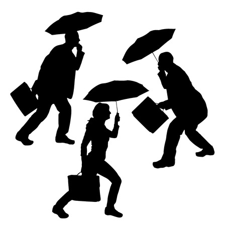 Vector silhouette of group of people with umbrellas.のイラスト素材