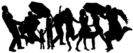 Vector silhouette of group of people with umbrellas.のイラスト素材