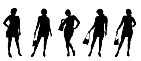 Vector silhouette of a woman with a bag on a white background. のイラスト素材