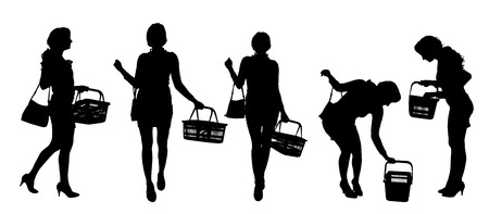 Vector silhouette of a woman with a bag on a white background. のイラスト素材