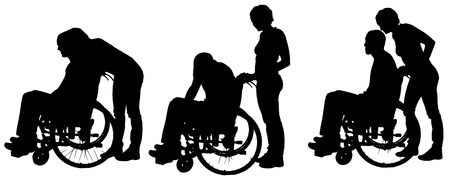 Vector silhouettes of people in a wheelchair on a white . のイラスト素材
