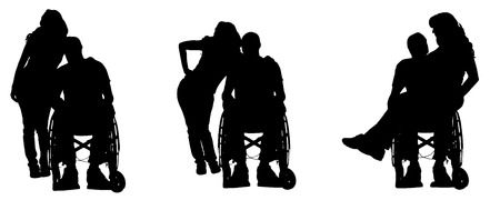 Vector silhouettes of people in a wheelchair on a white . のイラスト素材