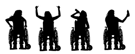 Vector silhouettes of people in a wheelchair on a white . のイラスト素材